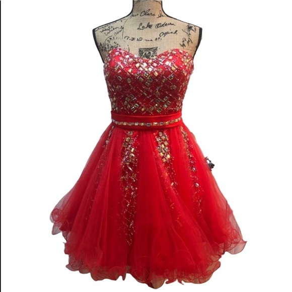 PARTYTIME Party Dress Strapless Red Beaded & Tulle Dress Sz12